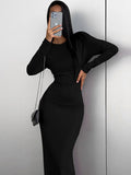 Momentlover Split-Side Solid Color Long Sleeves Bodycon Round-Neck Maxi Dresses
