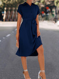 Momentlover Tied Waist Solid Color Buttoned Short Sleeves High Waisted Lapel Collar Shirt Dress Midi Dresses