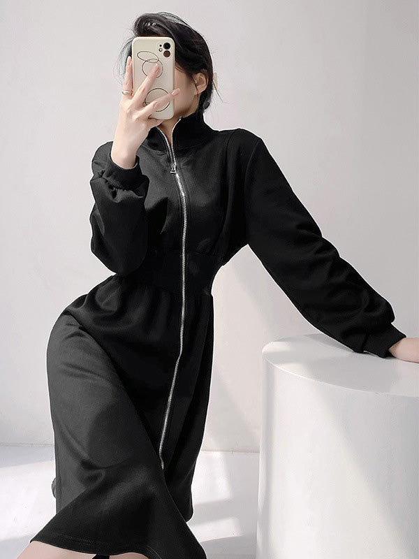 Momentlover Zipper Split-Front Asymmetric Long Sleeves High Neck Midi Dresses