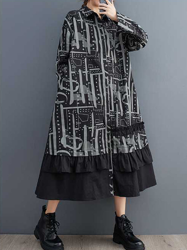 Momentlover Split-Joint Printed Buttoned Asymmetric Loose Long Sleeves Lapel Midi Dresses