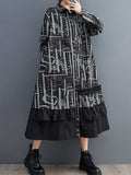 Momentlover Split-Joint Printed Buttoned Asymmetric Loose Long Sleeves Lapel Midi Dresses