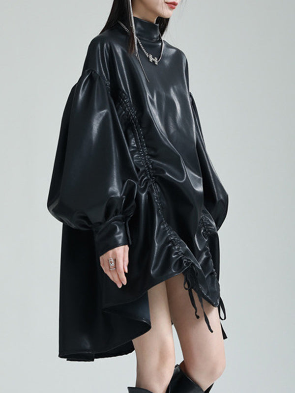 Momentlover Solid Color Pleated Drawstring Puff Sleeves Loose Stand Collar Mini Dresses