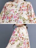 Momentlover Split-Joint Printed Pleated Loose Long Sleeves Stand Collar Shirt Dress Midi Dresses