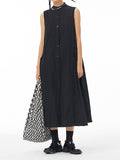 Momentlover Solid Color Pleated Sleeveless Loose Stand Collar Shirt Dress Midi Dresses