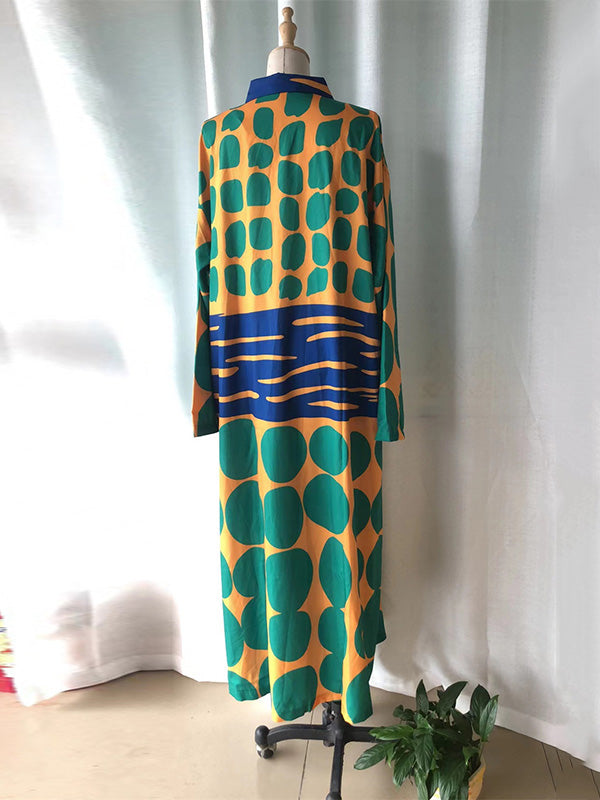 Momentlover Printed Buttoned Loose Long Sleeves Lapel Shirt Dress Maxi Dresses