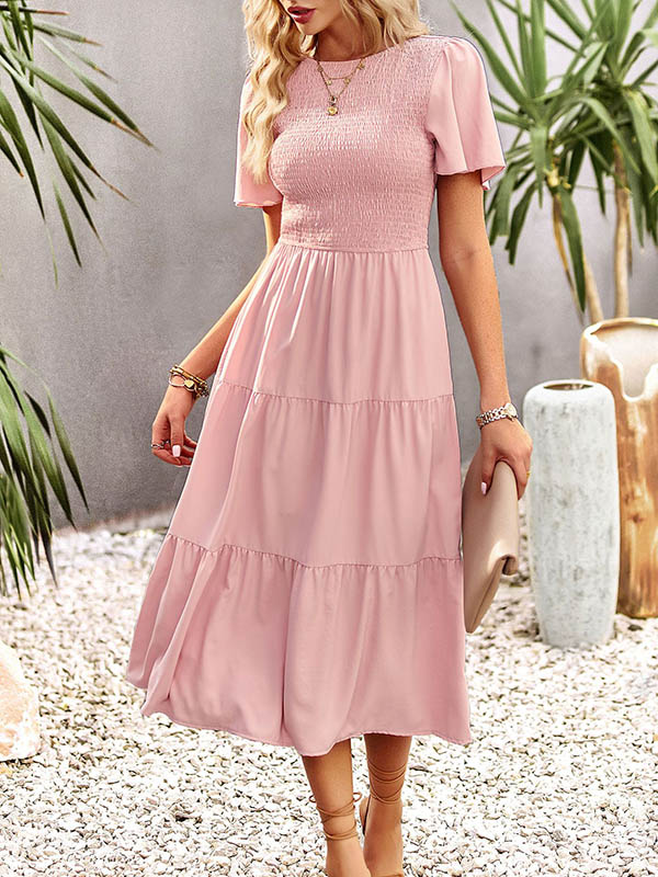 Momentlover Solid Color Elastics Short Sleeves Loose Round-neck Midi Dresses