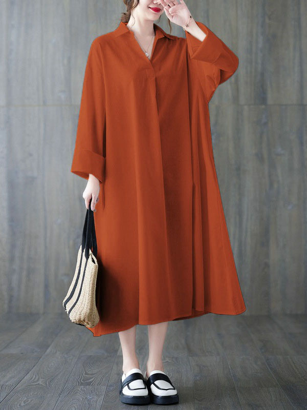 Momentlover Solid Color Buttoned Loose Long Sleeves V-Neck Shirt Dress Midi Dresses