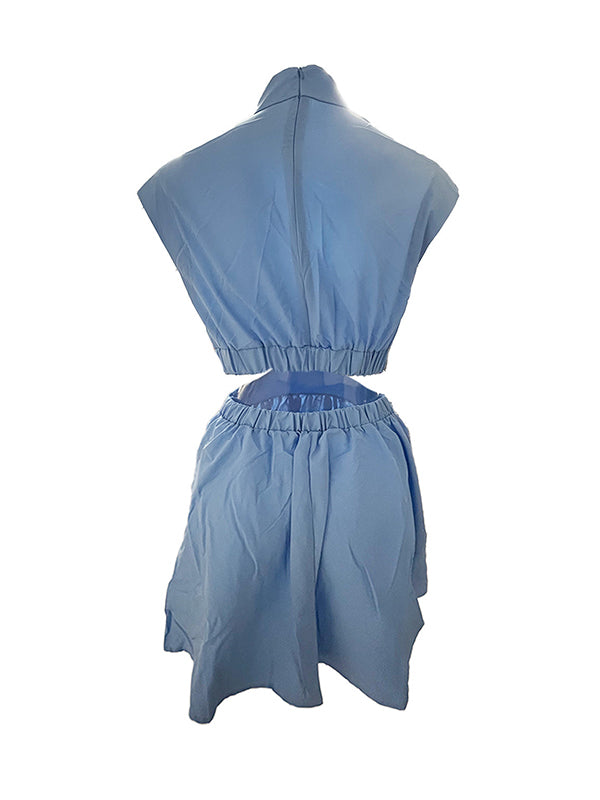 Momentlover Solid Color Pleated Belly-Hollow Skinny Stand Collar Mini Dresses