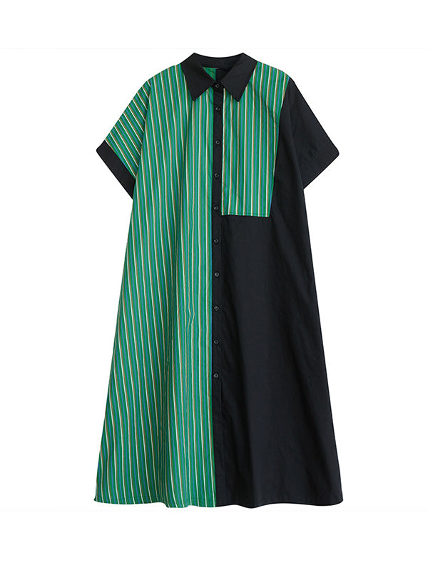 Momentlover Striped Split-Joint Asymmetric Short Sleeves Loose Lapel Shirt Dress Midi Dresses
