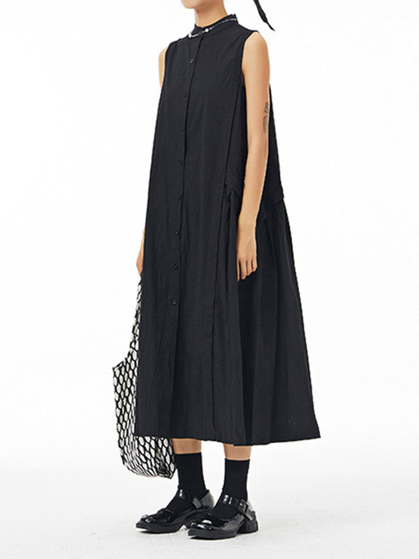 Momentlover Solid Color Pleated Sleeveless Loose Stand Collar Shirt Dress Midi Dresses