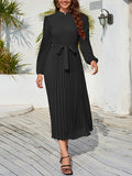 Momentlover Tied Waist Solid Color Pleated Hollow Long Sleeves High Waisted Mock Neck Midi Dresses