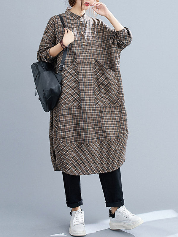 Momentlover Vintage Plaid Irregularity Shirt Dresses