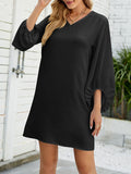 Momentlover Solid Color Ruffled Puff Sleeves Loose V-Neck Mini Dresses