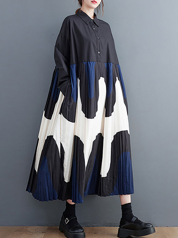 Momentlover Split-Joint Printing Pleated Contrast Color Loose Long Sleeves Polo Midi Dresses