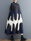 Momentlover Split-Joint Printing Pleated Contrast Color Loose Long Sleeves Polo Midi Dresses
