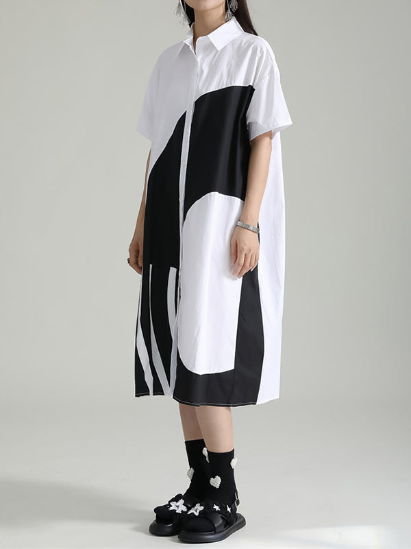 Momentlover Split-Joint Contrast Color Asymmetric Short Sleeves Loose Lapel Shirt Dress Midi Dresses