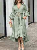 Momentlover Solid Color Pleated Puff Sleeves High-Low V-Neck Maxi Dresses