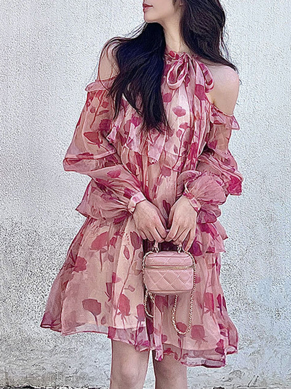 Momentlover Tiered Lace-Up Floral Printed Puff Sleeves Loose Cold Shoulder Mini Dresses
