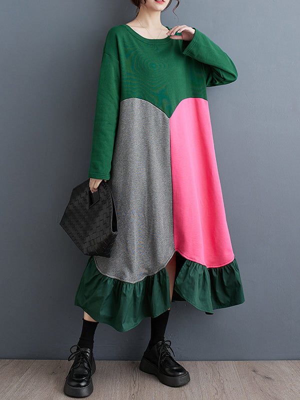 Momentlover Split-Joint Split-front Pleated Contrast Color Loose Long Sleeves Round-neck Midi Dresses
