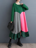 Momentlover Split-Joint Split-front Pleated Contrast Color Loose Long Sleeves Round-neck Midi Dresses