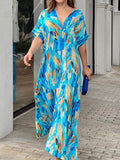Momentlover Printed Multi-Colored Short Sleeves Loose V-neck Maxi Dresses