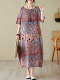 Momentlover Printed Polka-Dot Contrast Color Loose Half Sleeves Round-Neck Midi Dresses