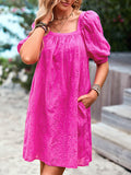 Momentlover Solid Color Jacquard Puff Sleeves Loose Square-neck Mini Dresses