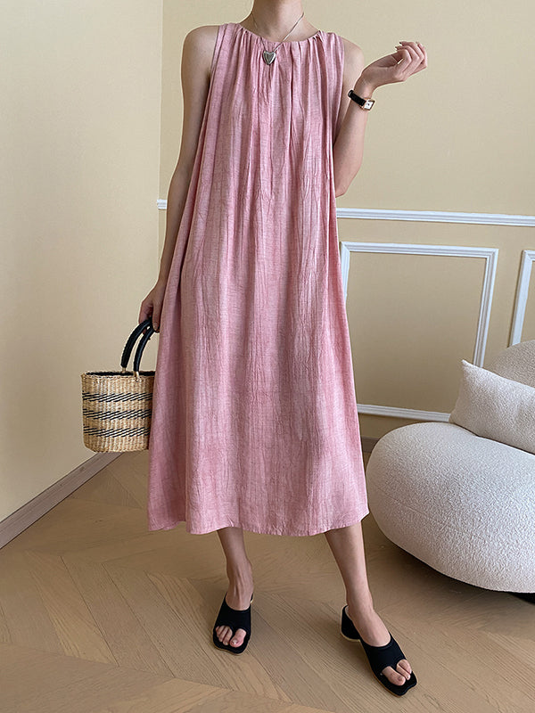 Momentlover Solid Color Pleated Sleeveless Loose Round-Neck Midi Dresses