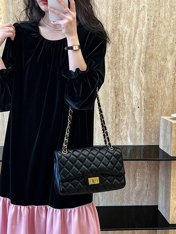 Momentlover Velvet Split-Joint Ruffled Pleated Contrast Color Loose Long Sleeves Round-Neck Midi Dresses