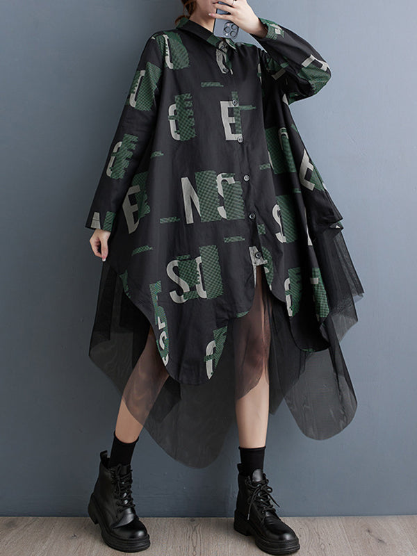 Momentlover Split-Joint Mesh Letter Print Buttoned Loose Long Sleeves Lapel Shirt Dress Midi Dresses