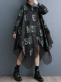 Momentlover Split-Joint Mesh Letter Print Buttoned Loose Long Sleeves Lapel Shirt Dress Midi Dresses