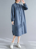 Momentlover Split-Side Elasticity Buttoned Loose Long Sleeves Mock Neck Shirt Dress Midi Dresses