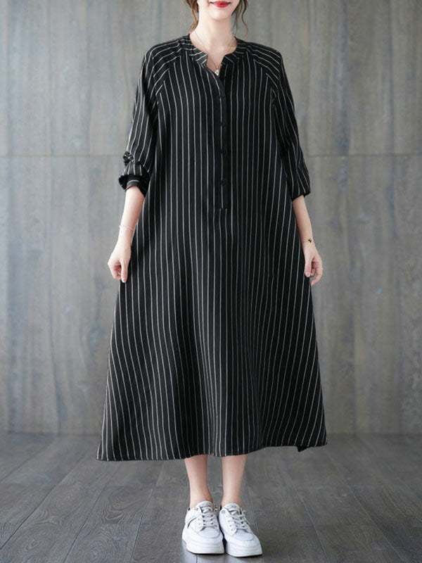Momentlover Striped Split-Side Buttoned Loose Long Sleeves Round-Neck Shirt Dress Midi Dresses