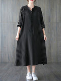 Momentlover Striped Split-Side Buttoned Loose Long Sleeves Round-Neck Shirt Dress Midi Dresses