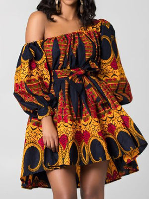 Momentlover Tied Waist Printed Elasticity Three-Quarter Sleeves Puff Sleeves One-Shoulder Mini Dresses