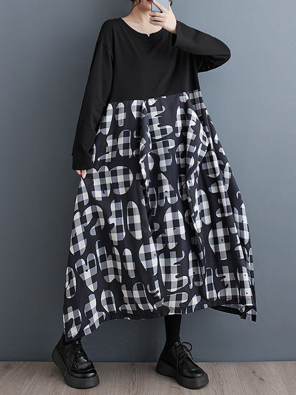 Momentlover Split-Joint Ruffled Printed Loose Long Sleeves Round-Neck Midi Dresses