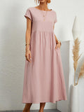 Momentlover Solid Color Pleated Short Sleeves Loose Round-Neck Midi Dresses