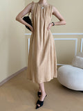 Momentlover Solid Color Pleated Sleeveless Loose Round-Neck Midi Dresses