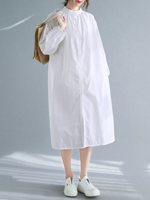 Momentlover Split-Side Elasticity Buttoned Loose Long Sleeves Mock Neck Shirt Dress Midi Dresses