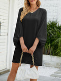 Momentlover Solid Color Ruffled Puff Sleeves Loose V-Neck Mini Dresses
