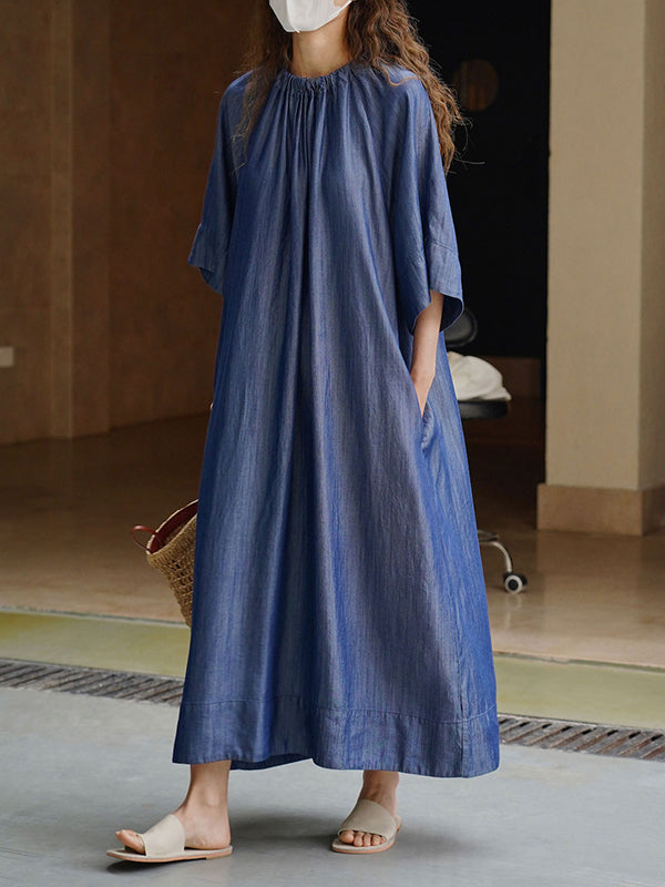 Momentlover Solid Color Pleated Lace-Up Drawstring Short Sleeves Raglan Sleeve Round-Neck Midi Dresses