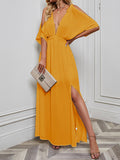 Momentlover Split-front Solid Color Loose Batwing Sleeves Deep V-Neck Maxi Dresses