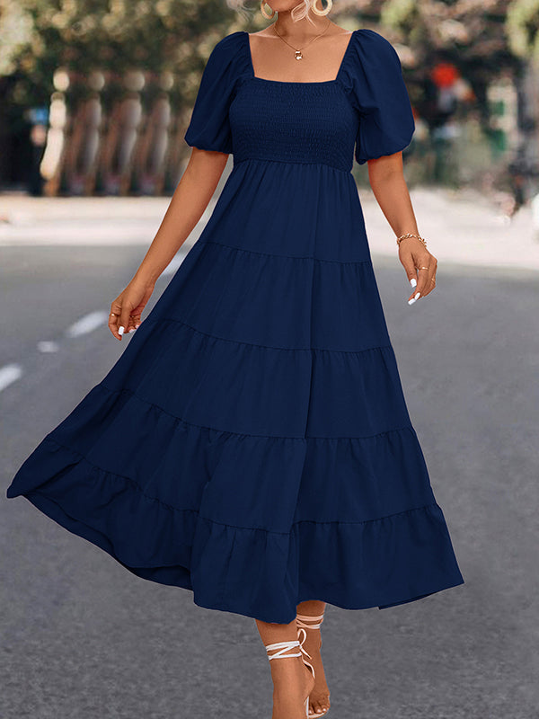 Momentlover Split-Joint Solid Color Pleated Elasticity Short Sleeves High Waisted Square-neck Midi Dresses