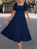 Momentlover Split-Joint Solid Color Pleated Elasticity Short Sleeves High Waisted Square-neck Midi Dresses