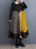 Momentlover Split-Joint Split-front Pleated Contrast Color Loose Long Sleeves Round-neck Midi Dresses