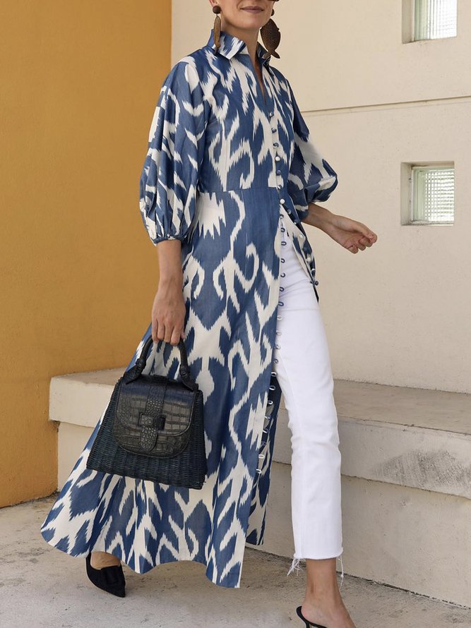 Momentlover Stylish Puff Sleeves Long Sleeves Printed Lapel Collar Shirt Maxi Dresses