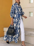 Momentlover Stylish Puff Sleeves Long Sleeves Printed Lapel Collar Shirt Maxi Dresses