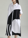 Momentlover Split-Joint Contrast Color Asymmetric Short Sleeves Loose Lapel Shirt Dress Midi Dresses