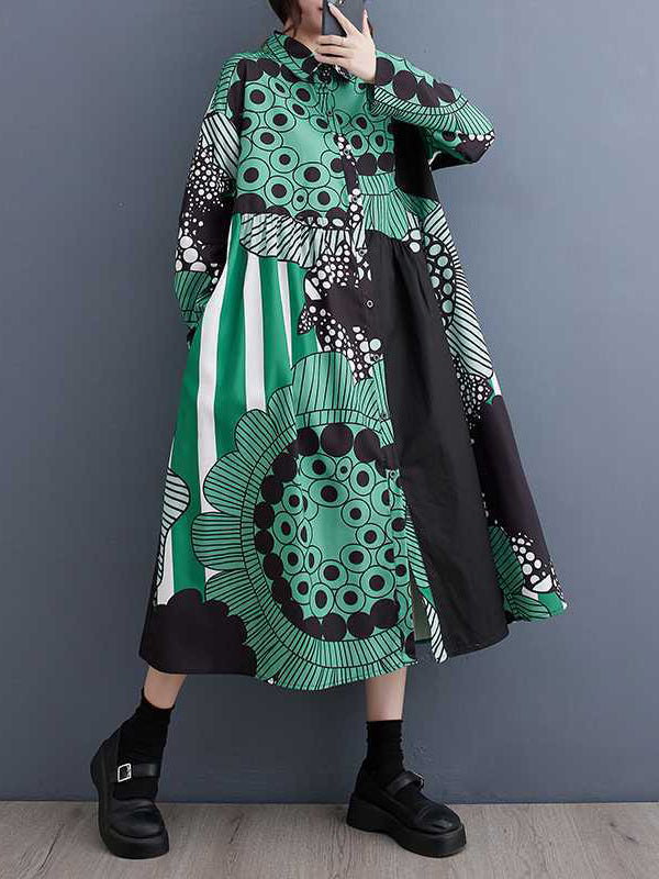 Momentlover Split-Joint Printed Buttoned Asymmetric Loose Long Sleeves Lapel Shirt Dress Midi Dresses