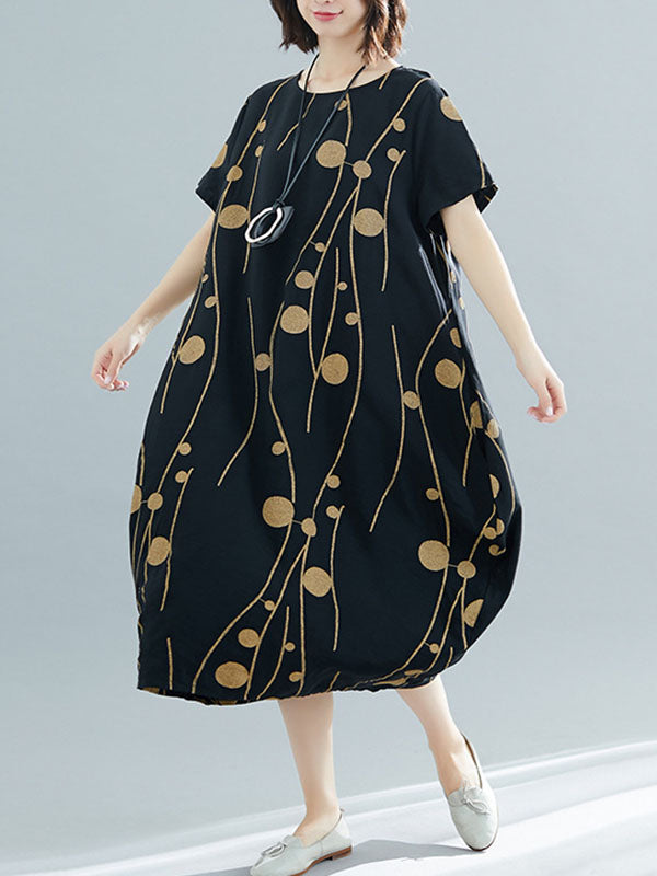 Momentlover Printed Short Sleeves Loose Round-neck Midi Dresses